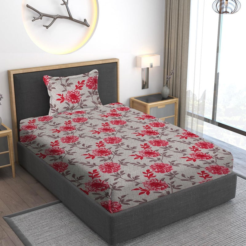 STARNSTYLE ستارنس تايل 220 TC ميكروفايبر مطبوع بتصميم زهور ملاءة سرير مفرد مع غطاء وسادة - وردي أبيض - Image 1